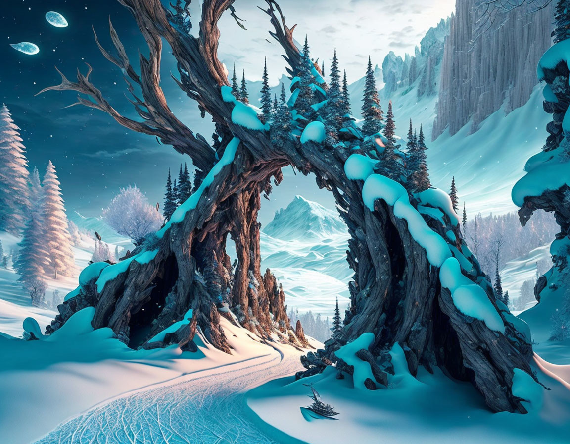 Snowy Valley Landscape with Gnarled Tree and Floating Orbs