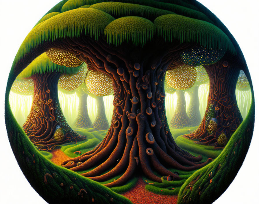 Detailed surreal illustration of massive tree with vibrant green foliage