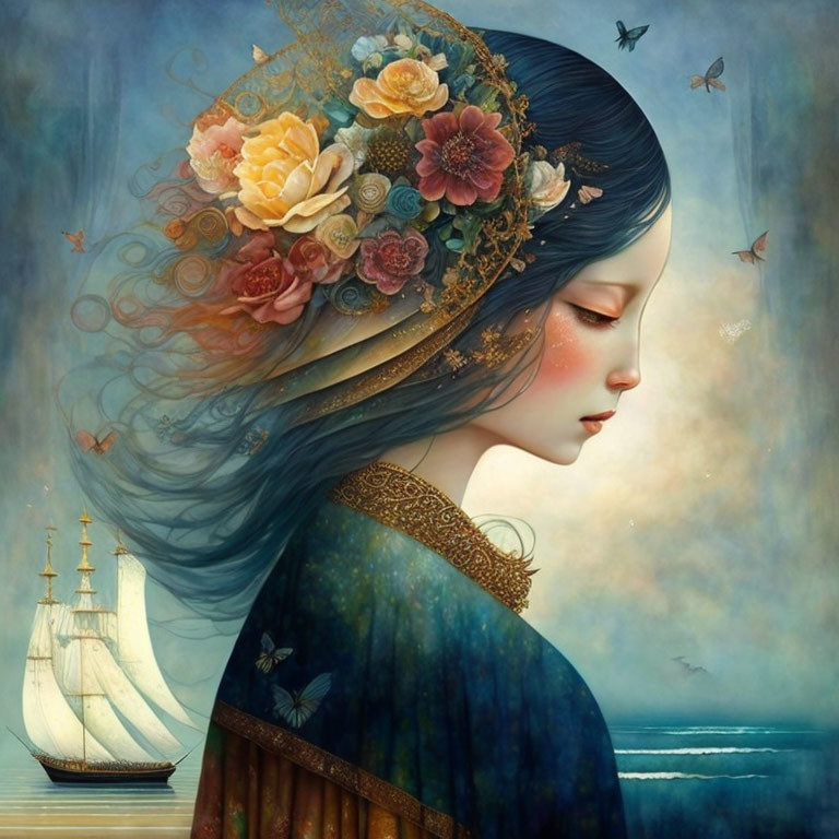 Illustrated woman with floral headdress, ship, butterflies in whimsical oceanic scene