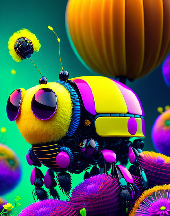 Colorful Stylized Robotic Bee in Surreal Floral Scene