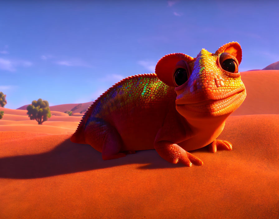 Colorful Chameleon on Desert Dune under Purple Sky
