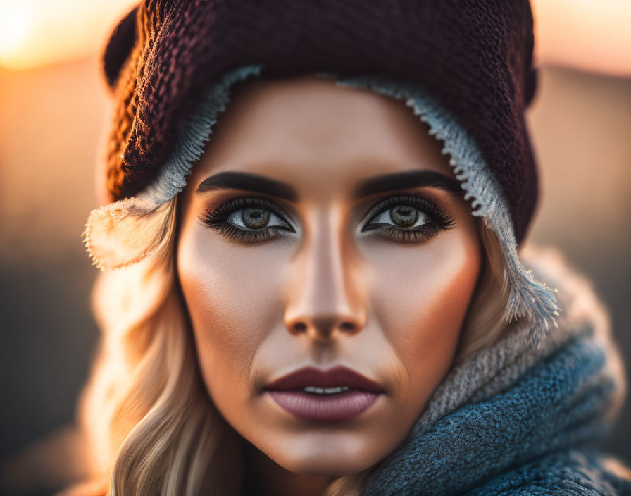 Blonde Woman with Green Eyes in Burgundy Hat and Gray Scarf