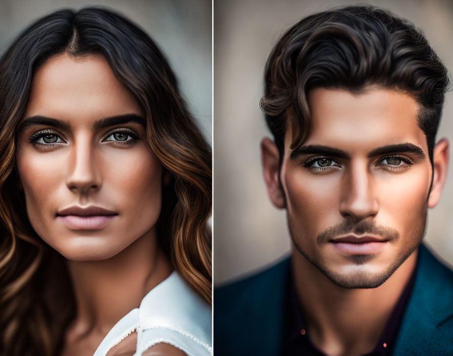 Two side-by-side portraits of a woman with long brown hair and deep eyes, and a man with