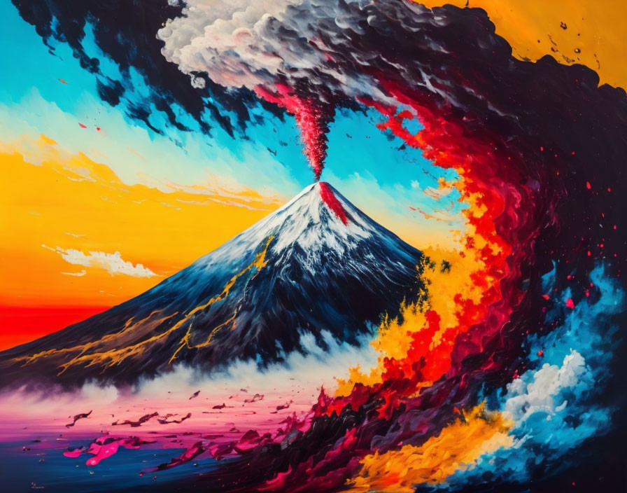 Colorful volcanic eruption painting with blue to orange sky and lava meeting the sea
