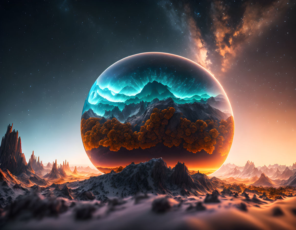 Surreal landscape with giant reflective orb, mountains, trees, starry sky, nebulae
