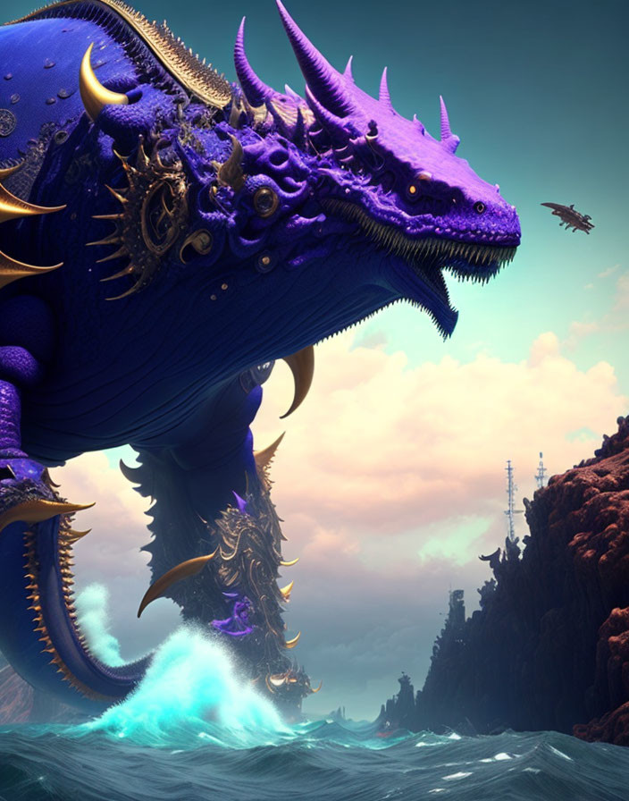 Blue-purple dragon with ornate horns and armor in ocean landscape.