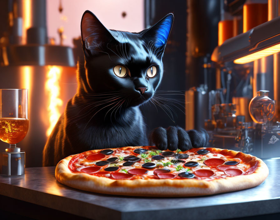 Black cat with yellow eyes next to pizza in cozy room with copper distillery equipment