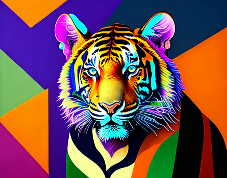 Colorful Stylized Tiger Art Against Geometric Background