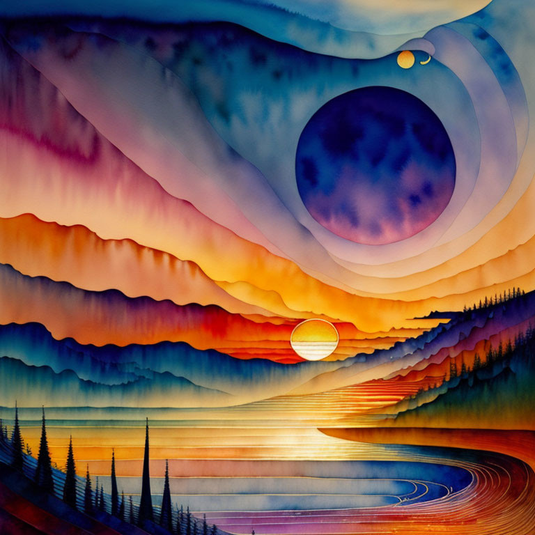 Colorful sunset artwork with hills, water reflections, pine trees, and swirling sky