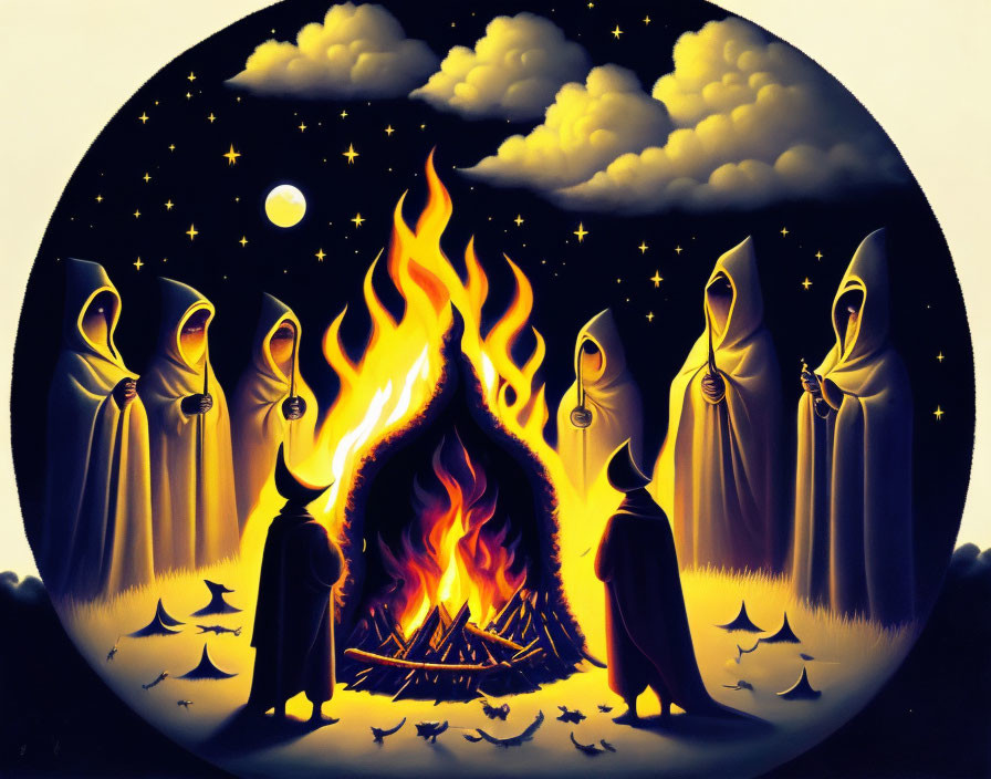 Cloaked Figures Gather Around Bonfire Under Starry Sky