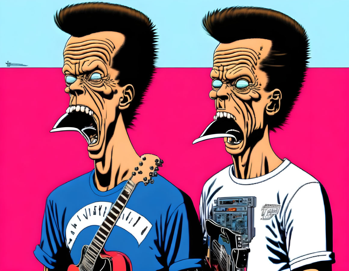 Cartoon characters as rock musicians with exaggerated expressions on split pink and blue background