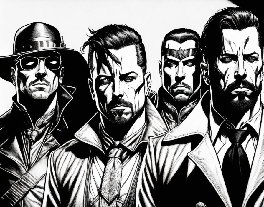 Stylized black-and-white illustration of four male figures in vigilante attire