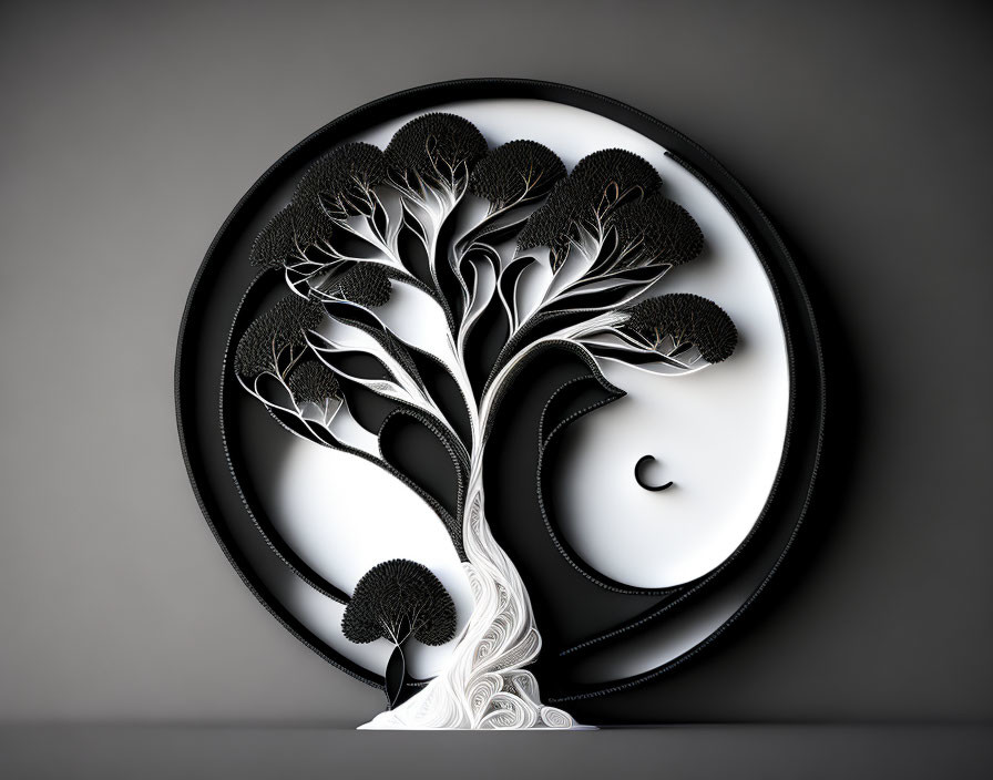 Monochromatic paper art of swirling tree in circular frame