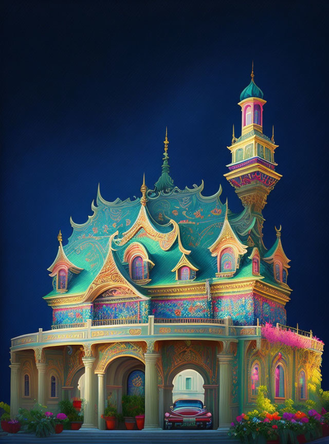 Fantasy palace with vibrant colors and modern car at night