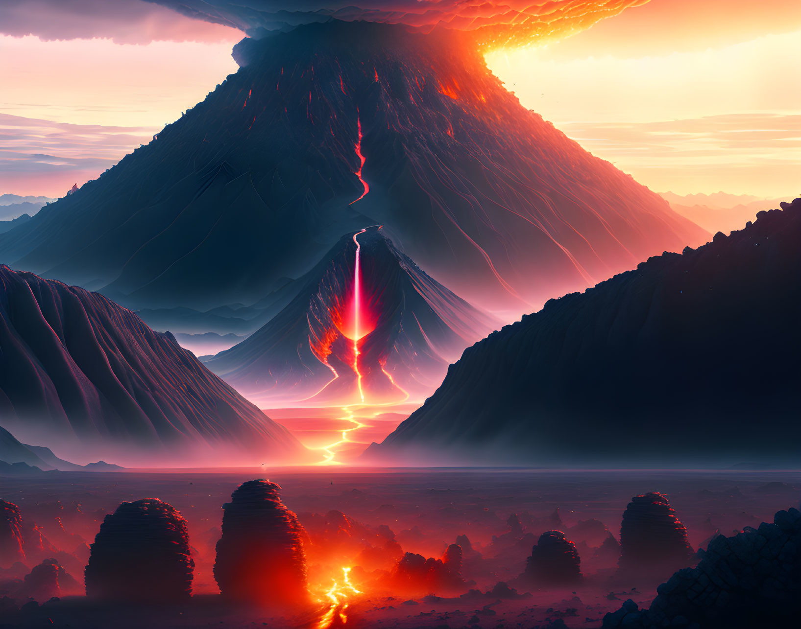 Digital Artwork: Erupting Volcano with Flowing Lava and Dramatic Sky
