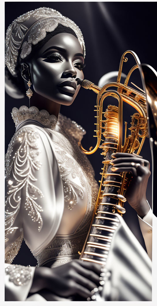 Elegant woman with dark skin in vintage attire holding golden saxophone