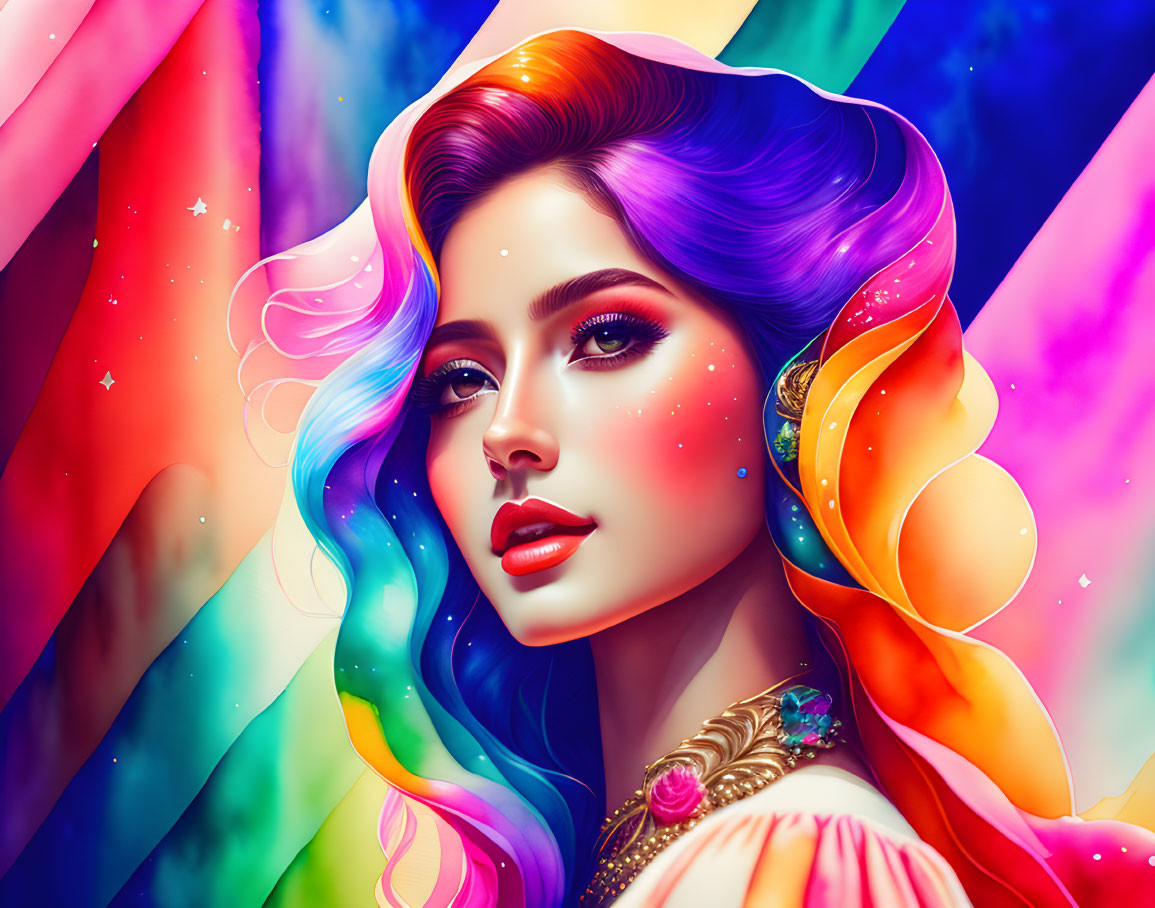 Colorful digital portrait of a woman with rainbow hair and starry cheeks in abstract setting