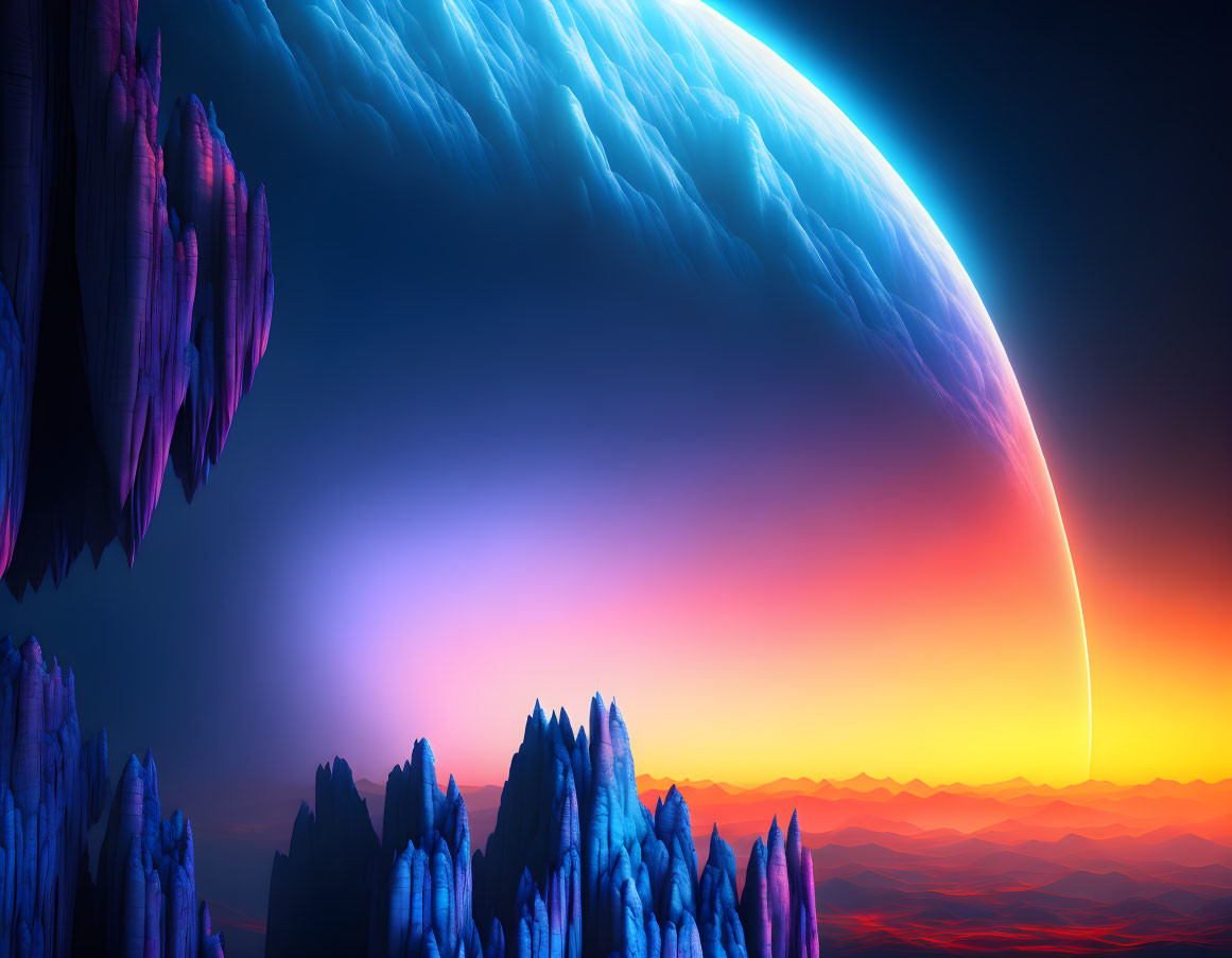Colorful alien landscape with neon hues, jagged rocks, and large planet.