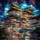 Detailed illustration of towering pagoda in lush landscape
