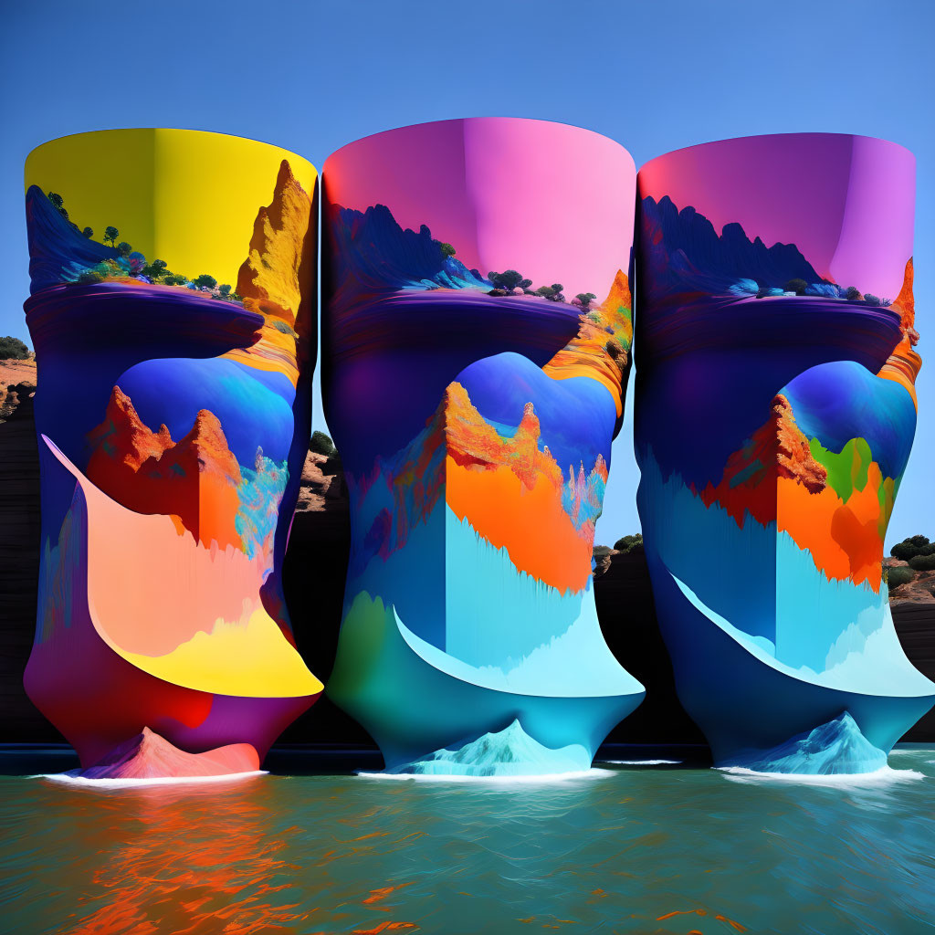 Vibrant Distorted Rock Formations Reflected on Water