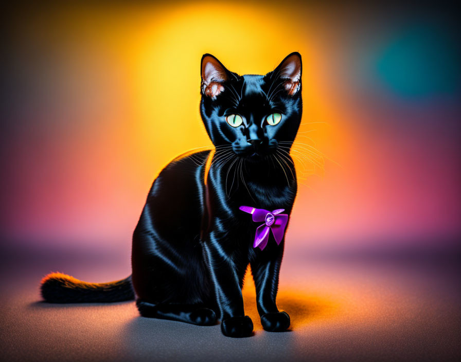 Black Cat with Purple Bow Tie on Vibrant Multicolored Background