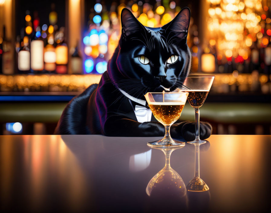 Black Cat in Tuxedo at Bar with Cocktail Glasses and Colorful Bottles