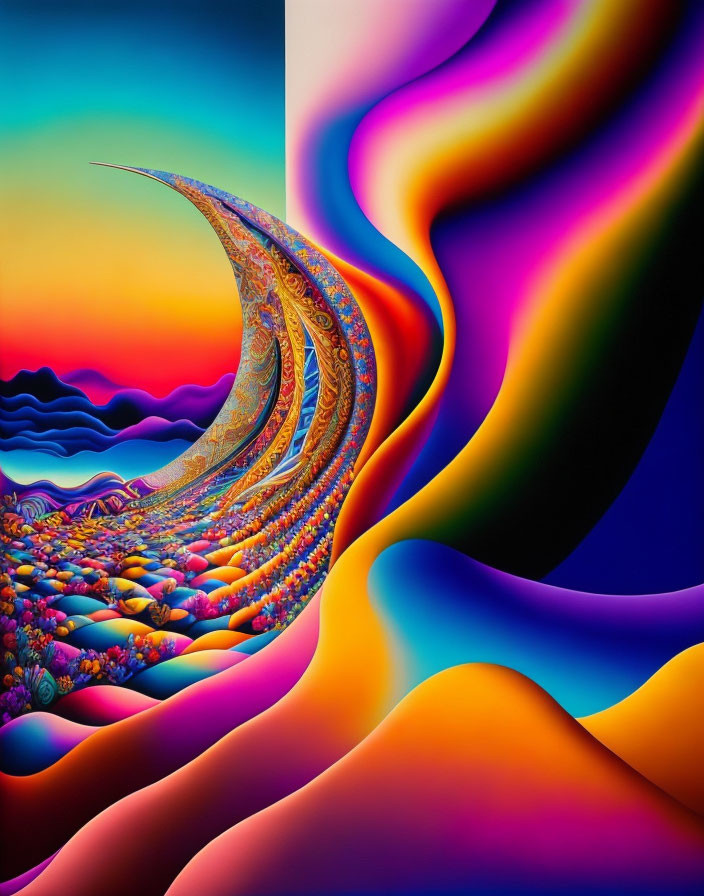 Colorful Psychedelic Digital Artwork with Vibrant Wavy Landscape