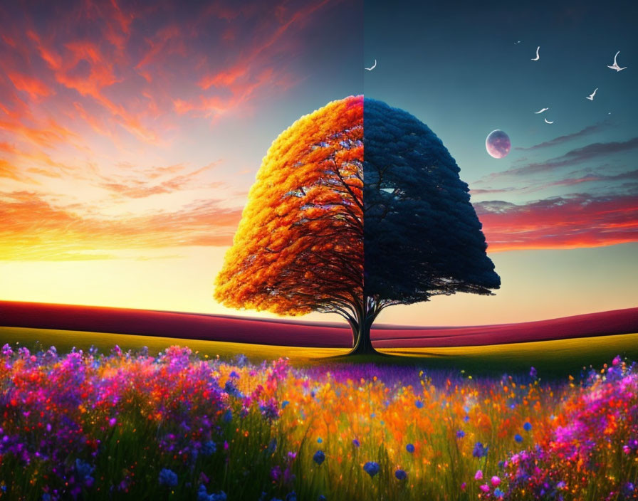 Split-image: Solitary tree in flower field, contrasting warm autumn scene with cool night crescent moon