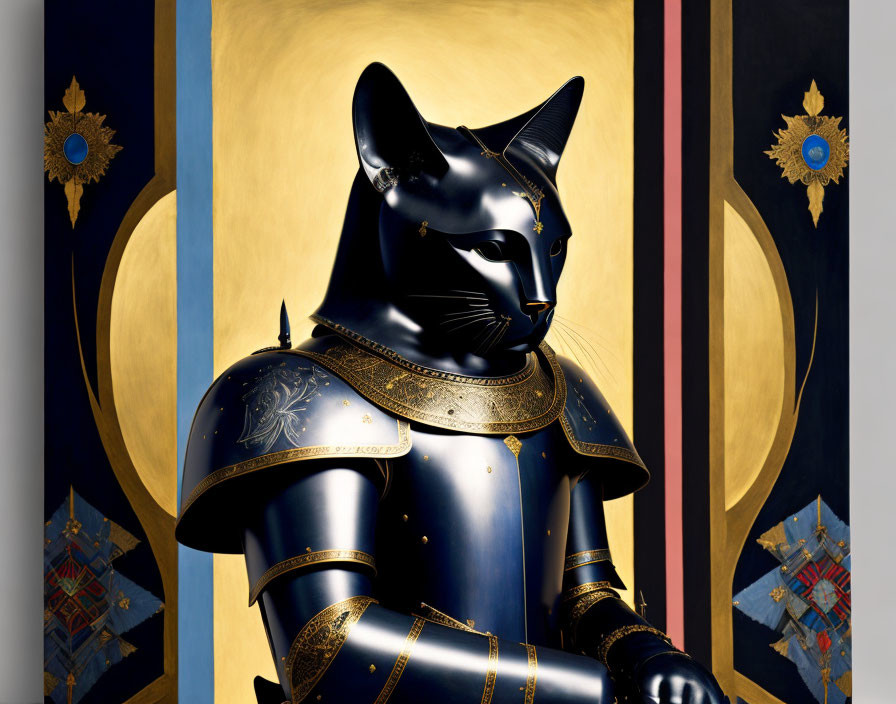 Cat in medieval armor on gold and navy floral background