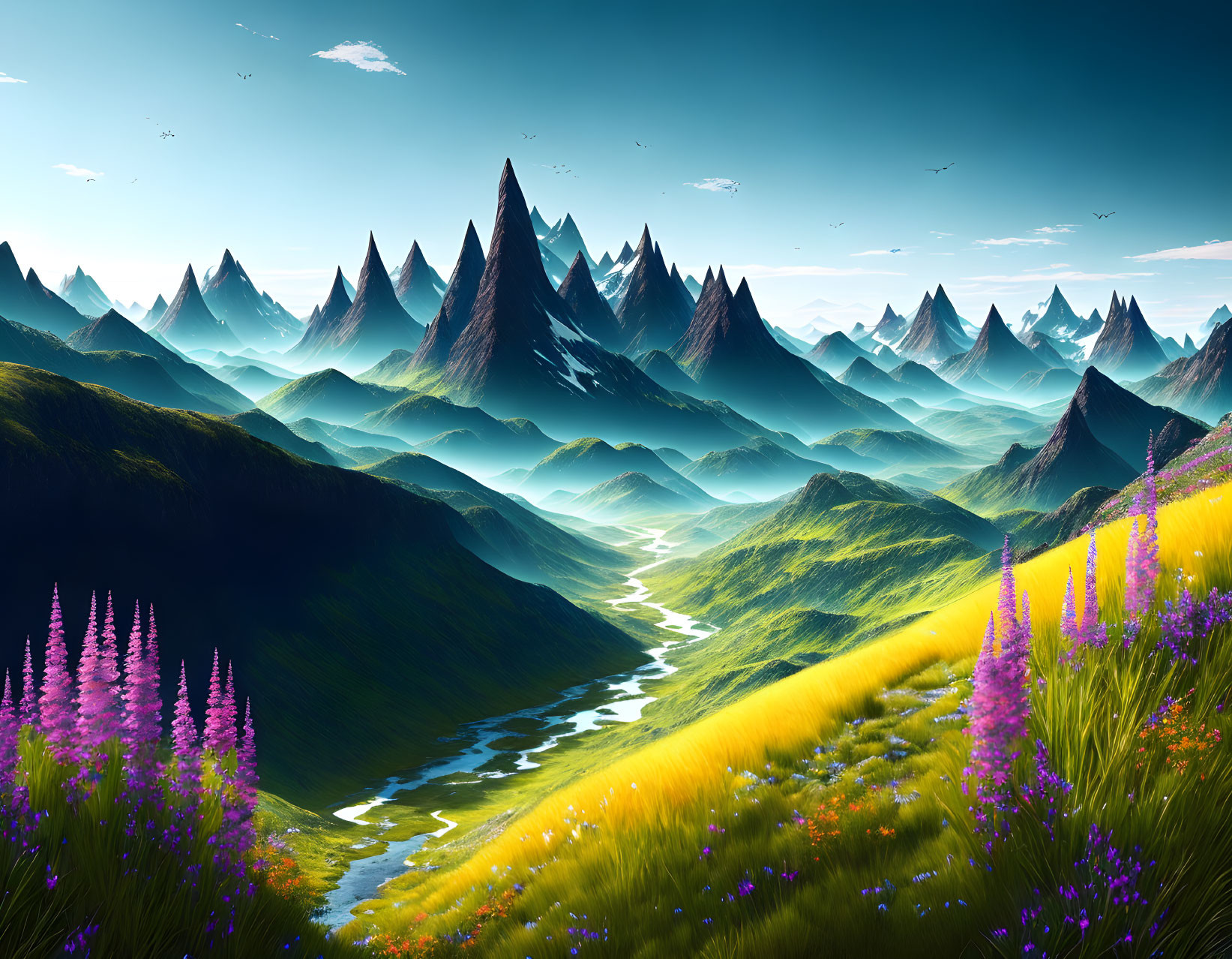 Colorful digital landscape with mountain peaks, river, meadows, and birds
