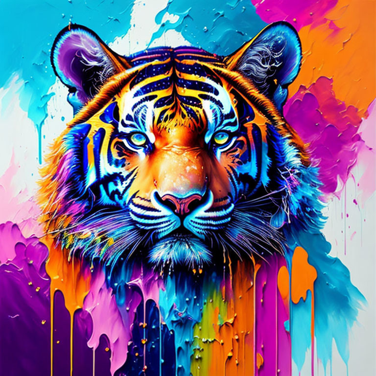 Colorful Tiger Face Artwork with Neon Abstract Paint Drips