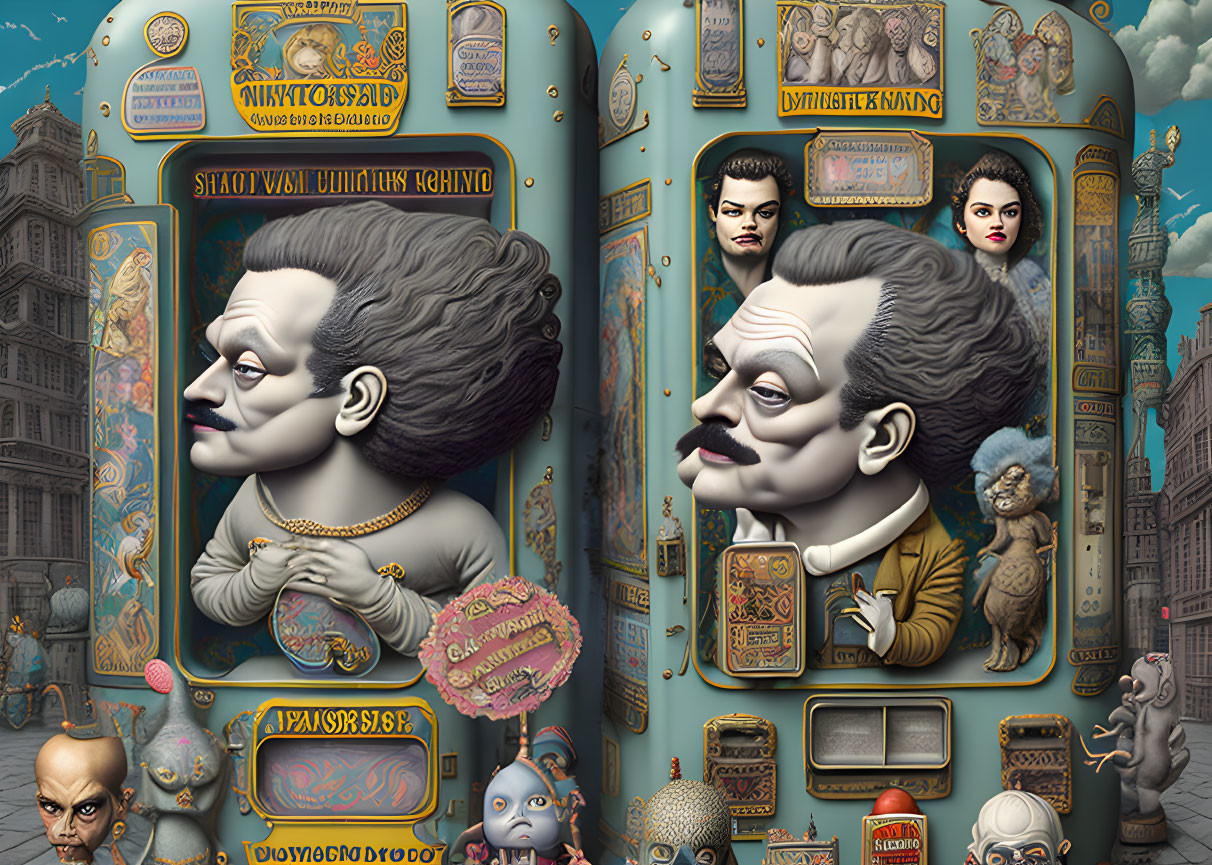 Detailed Victorian-era characters in surreal artwork with ornate frame