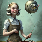 Whimsical image of doll-like girl with fishing rod and smiling fish