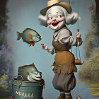Whimsical elderly woman with exaggerated features holding a fish by a river