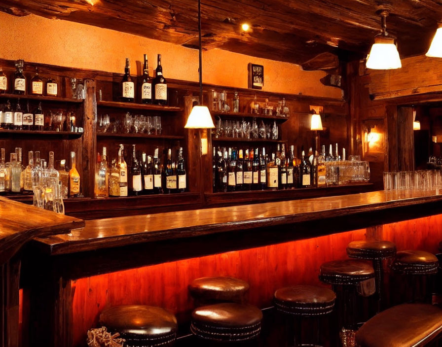 Dimly-lit Bar with Wood Paneling and Hanging Lamps