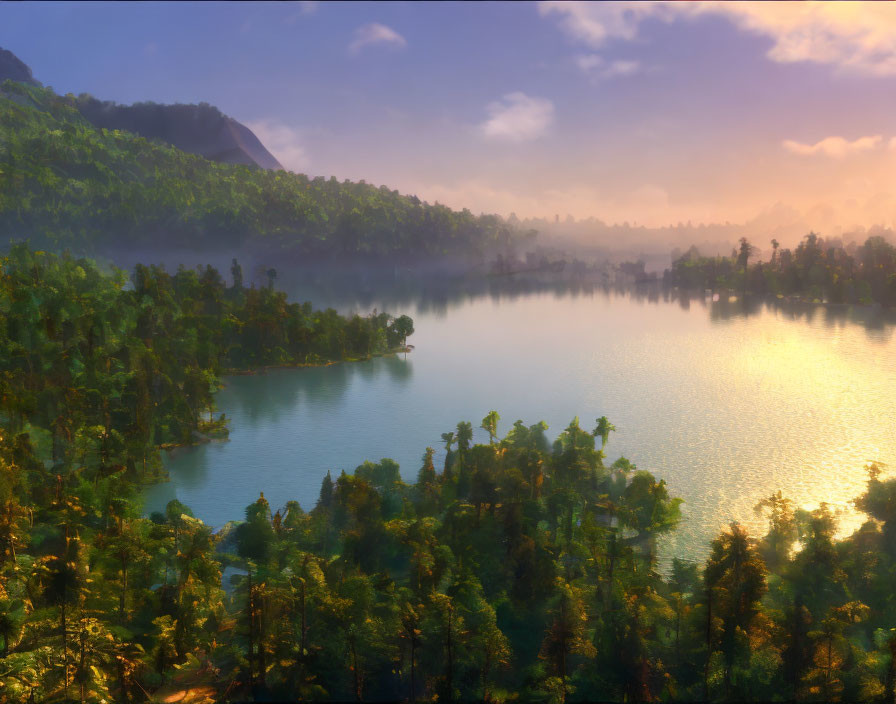 Serene Lake Scene at Sunrise with Forests and Mountains