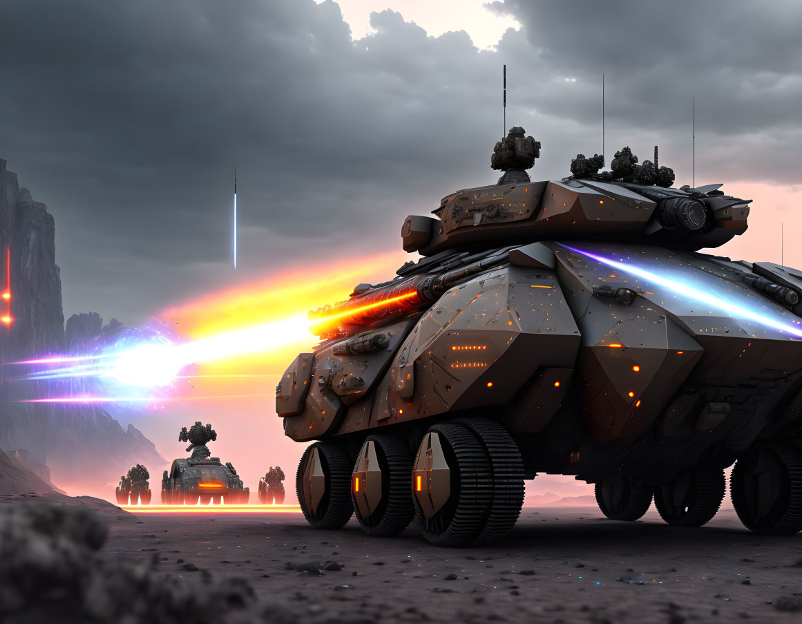 Advanced armored tanks battle on alien terrain under dusky sky