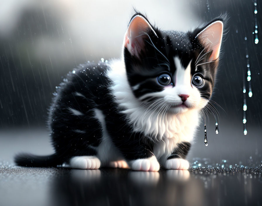 Black and White Kitten with Striking Eyes in Rainy Scene