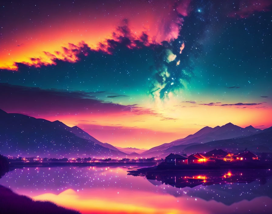 Twilight Sky with Stars over Serene Lake and Mountains