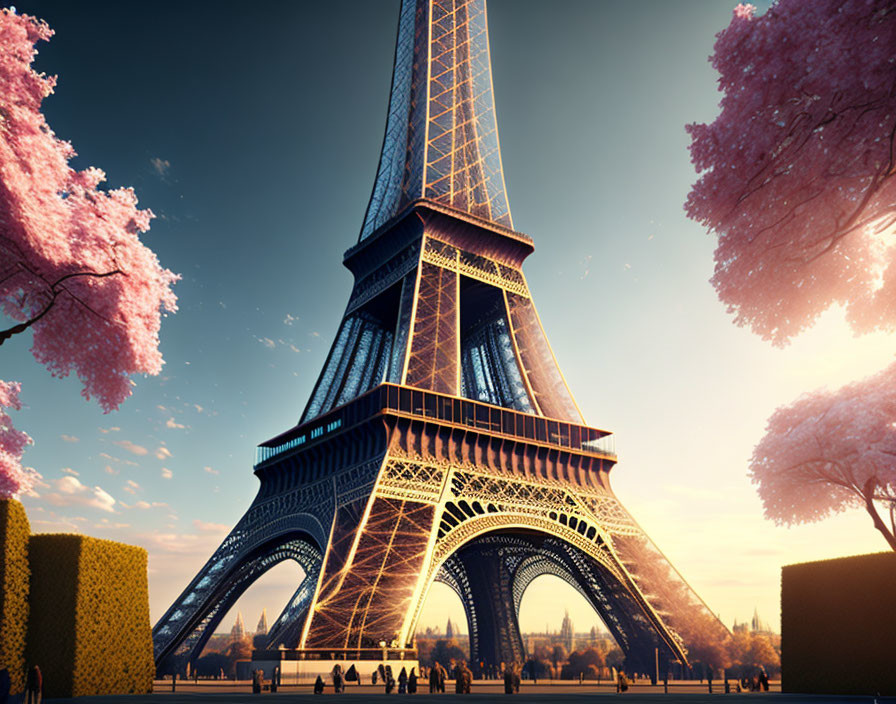 Iconic Eiffel Tower at sunset with cherry blossoms and visitors.