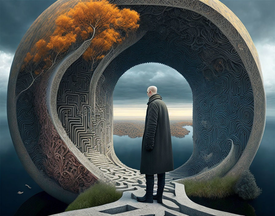 Bald man in coat gazes at surreal circular portal with intricate patterns