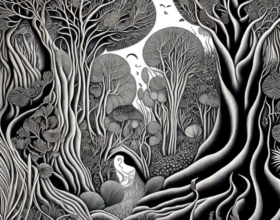 Monochrome forest scene with intricate patterns of trees, foliage, and hidden swan