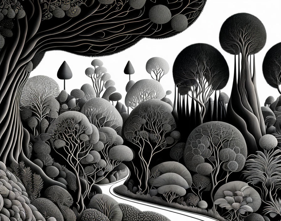 Monochromatic forest illustration with intricate tree and plant designs