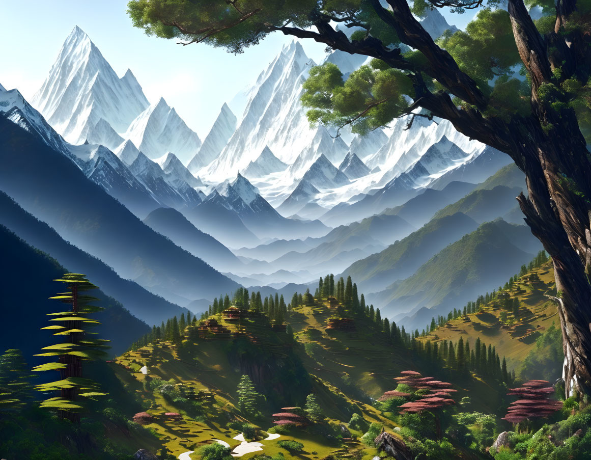 Snow-capped peaks and green valleys in serene mountain landscape