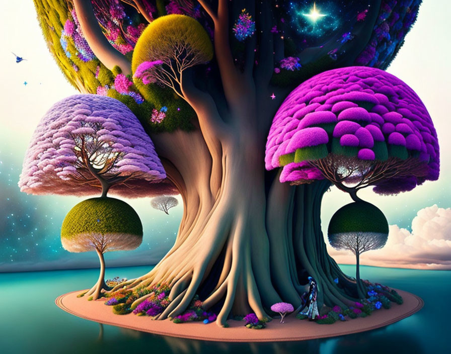 Vibrant, colorful trees in cosmic landscape with gazing person