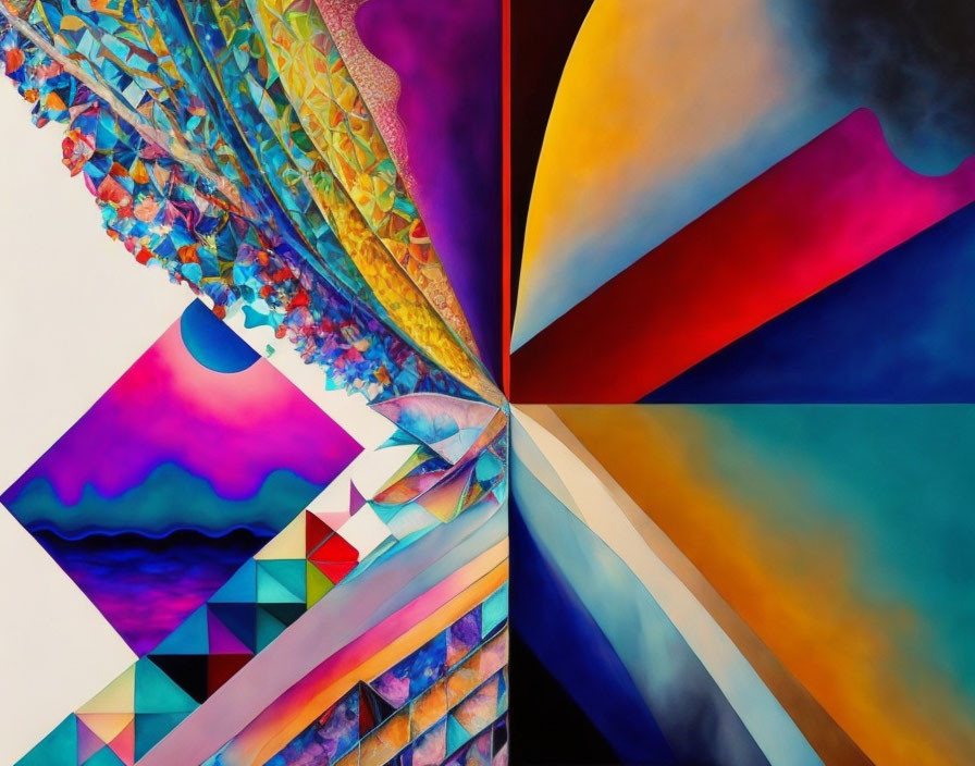 Colorful geometric abstract art with sharp lines and textured pattern.