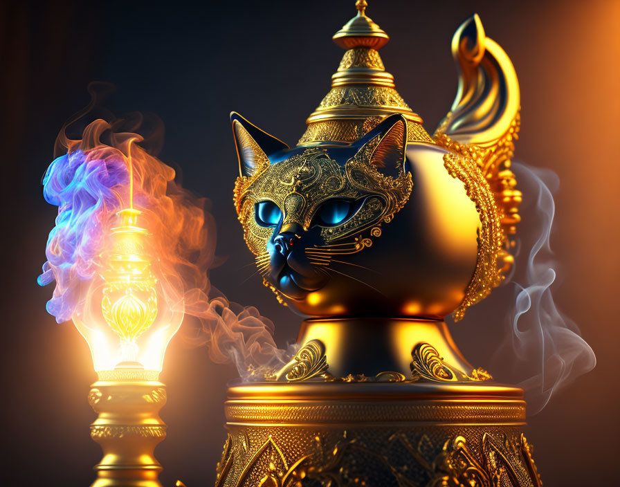 Golden cat mask with ornate patterns, glowing lamp emitting blue smoke, dark warm background
