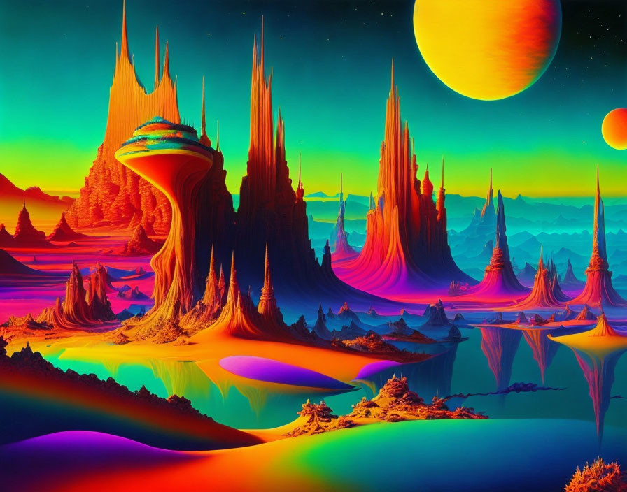 Colorful alien landscape with towering spires and reflective water under a large planet in the sky.