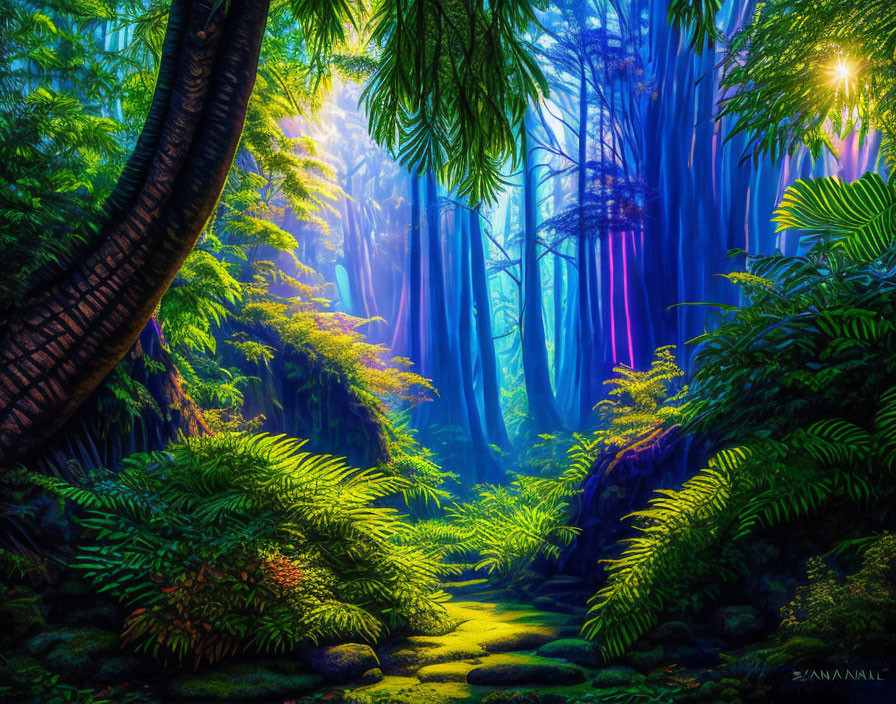 Vibrant Green Foliage and Sunbeams in Enchanted Forest