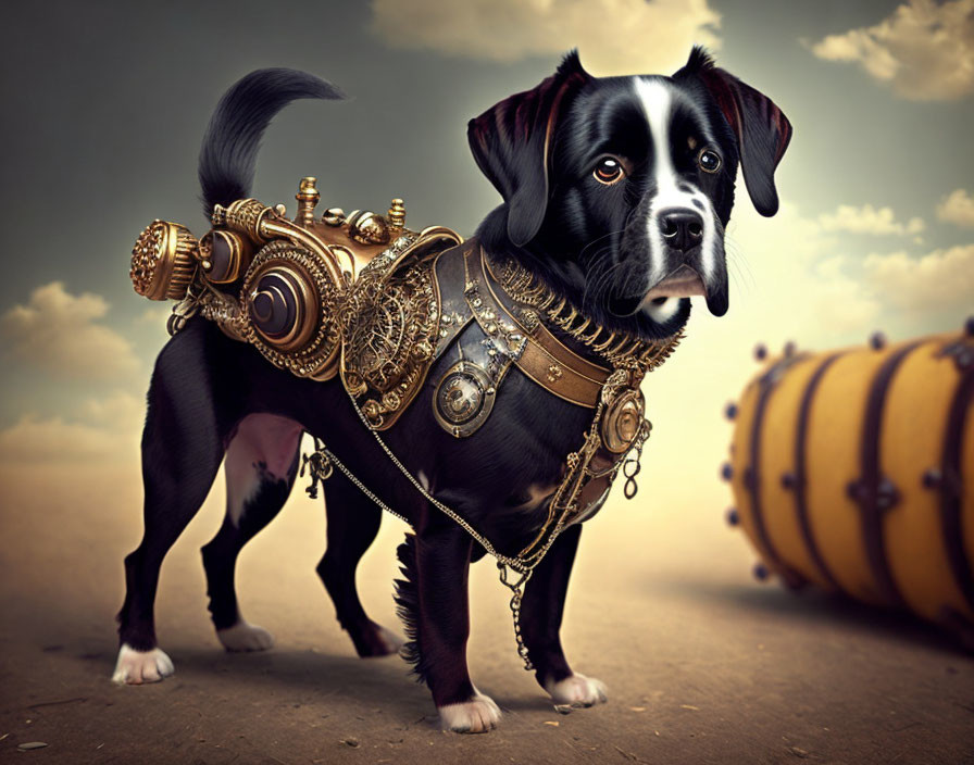 Black dog with white markings in steampunk-style harness walks in desert with large barrel.